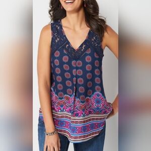 ZAC & RACHEL Navy Floral Lace-Trim V-Neck Camisole Blouse Top Size M